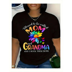 Men's Unisex Casual Graphic T-Shirt - 'Blessed Mom & Grandma' Floral Slogan Print, Short-Sleeve Round-Neck Top