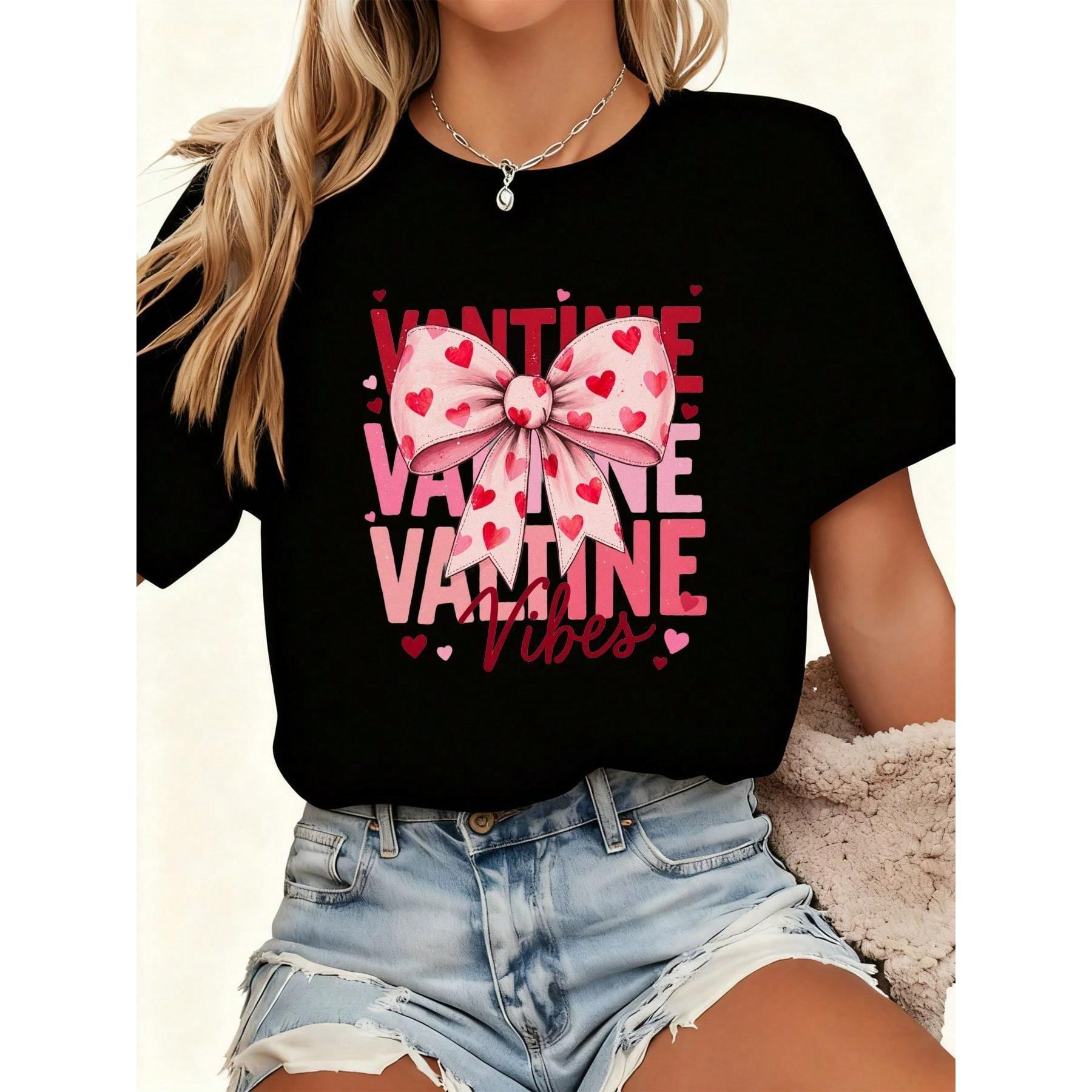 Valentine's Day, Top, Women's Clothing, Ladies 100% Cotton Valentine's Day T-Shirt - Bright Red Pink Bow And VALENTINE Print Short Sleeve Casual Top, Loose H-Cut Suitable For Light Blue Jeans, Scattered Heart Pattern