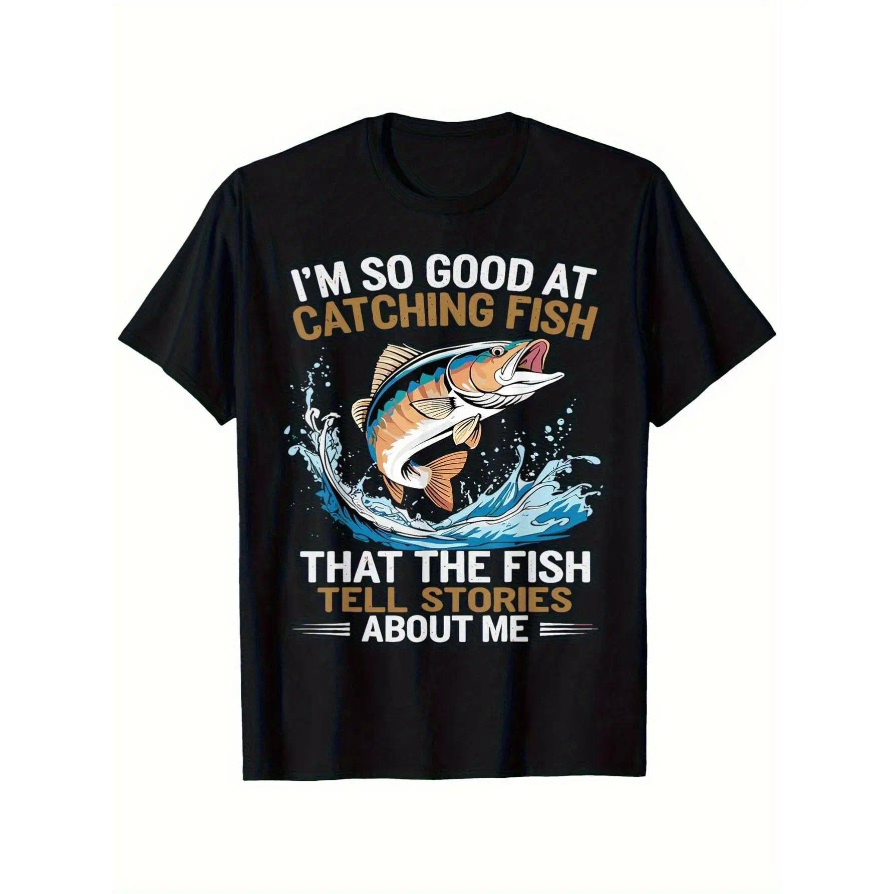 Men's Funny Fishing T-Shirt I Fish So Well The Fish All Tell Stories with Jumping Fish Graphic Lightweight Breathable 100% Cotton All-Season Casual Outdoor Fishing Apparel  Machine Washable Ideal Gift  double print  Tshirt Round Neck Menswear