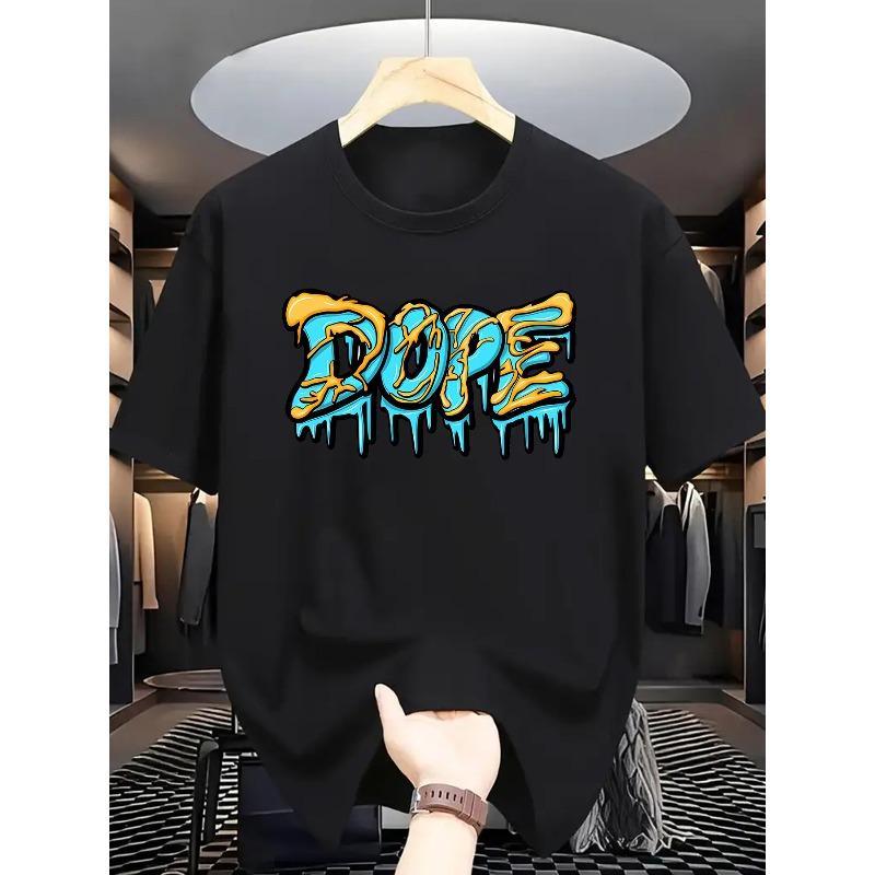 [Vibrant T-Shirt] Vibrant Turquoise Men's Summer Short Sleeve T-Shirt | Casual, Bold Drip Letter Graphic Print, Regular Fit, Machine Washable, Comfortable Fit