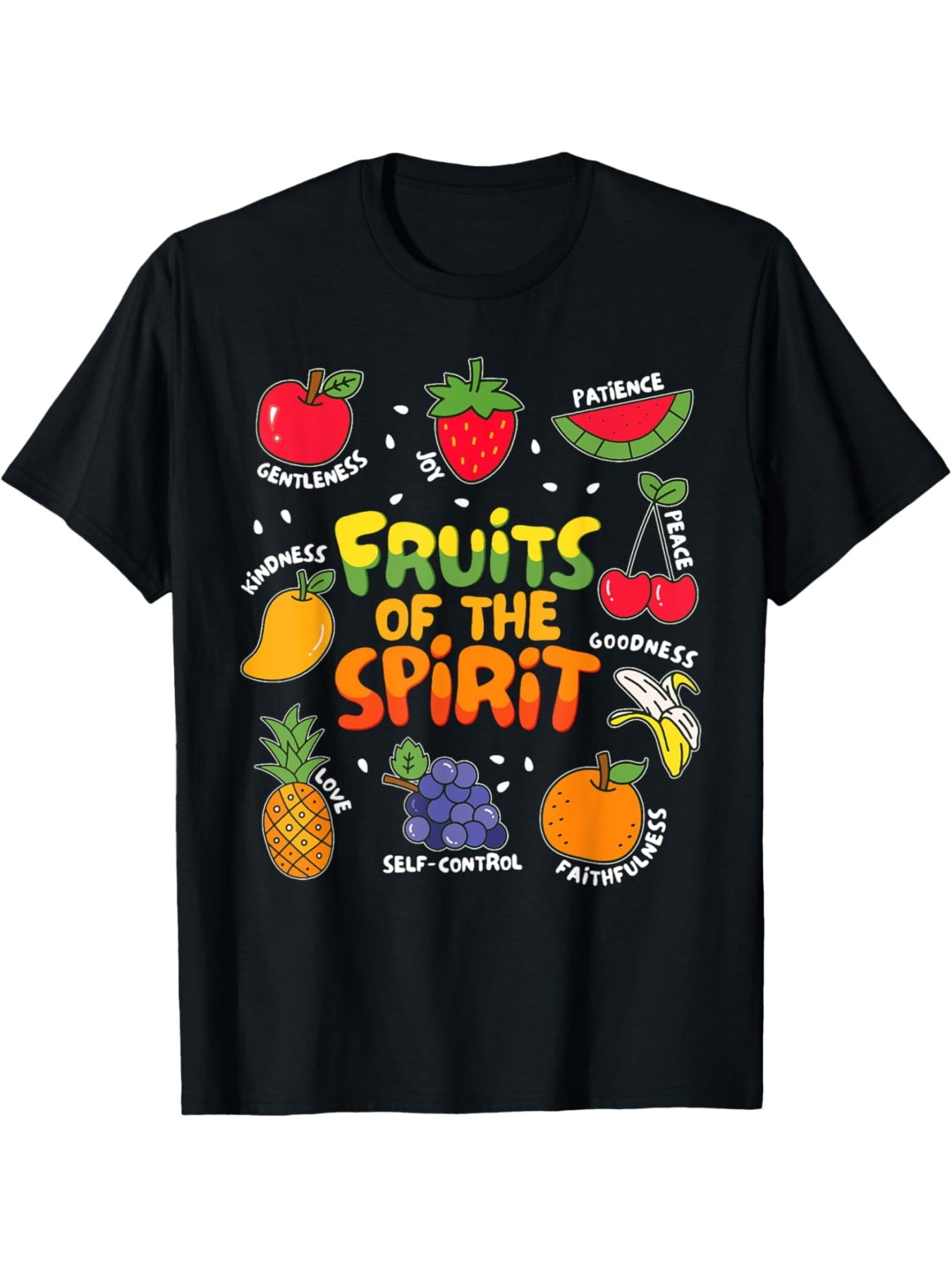 Fruits Of The Spirit Colorful Fruit Graphic T‑Shirt, Inspirational Christian Casual Short Sleeve Tee