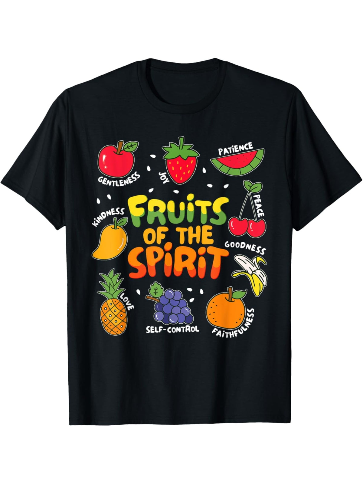 Fruits Of The Spirit Colorful Fruit Graphic T‑Shirt, Inspirational Christian Casual Short Sleeve Tee