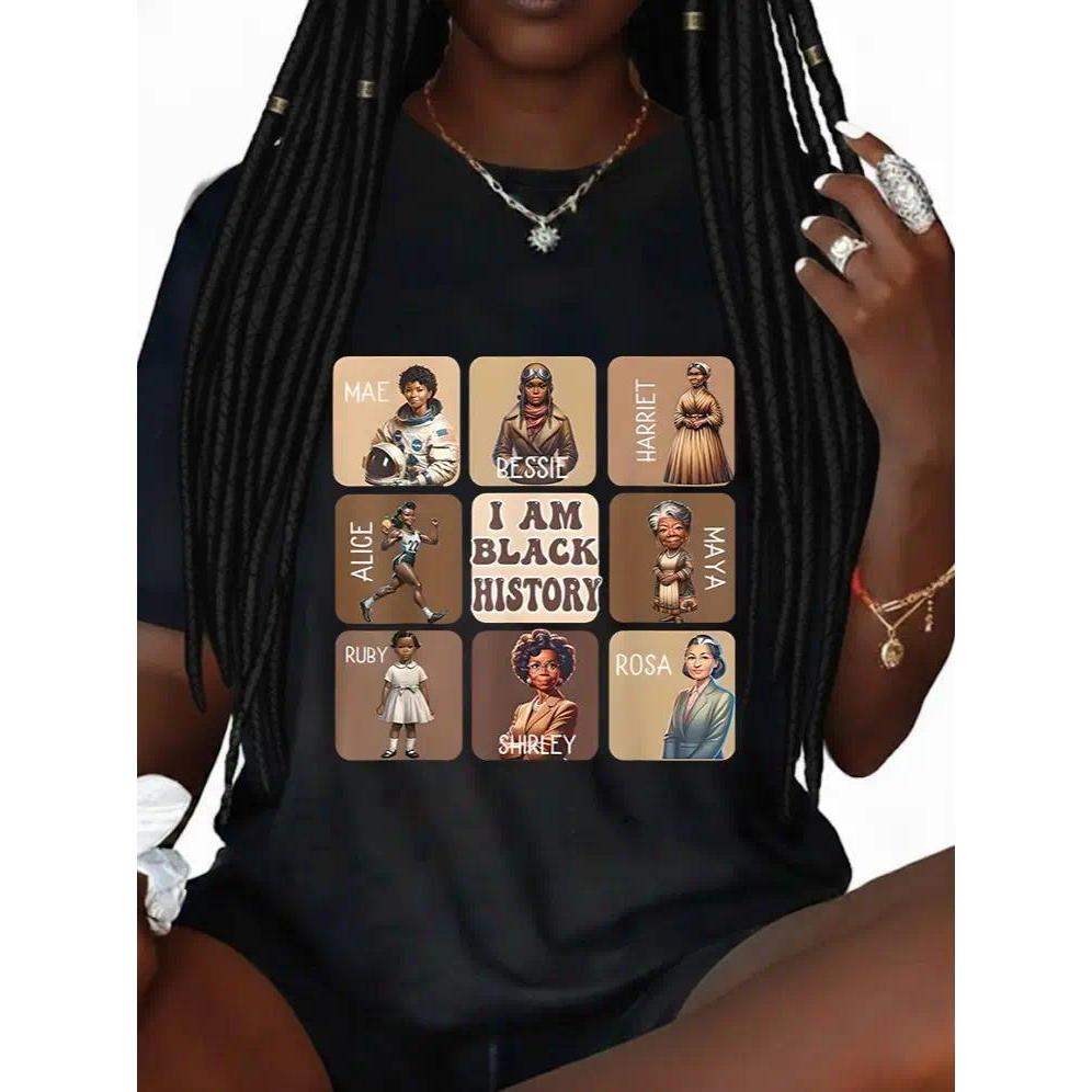 Women's "I AM BLACK HISTORY" Graphic T-Shirt 100% Cotton Short Sleeve Crew Neck Breathable Casual Stylish Top with Historical Figures Slogans Perfect for Spring Summer