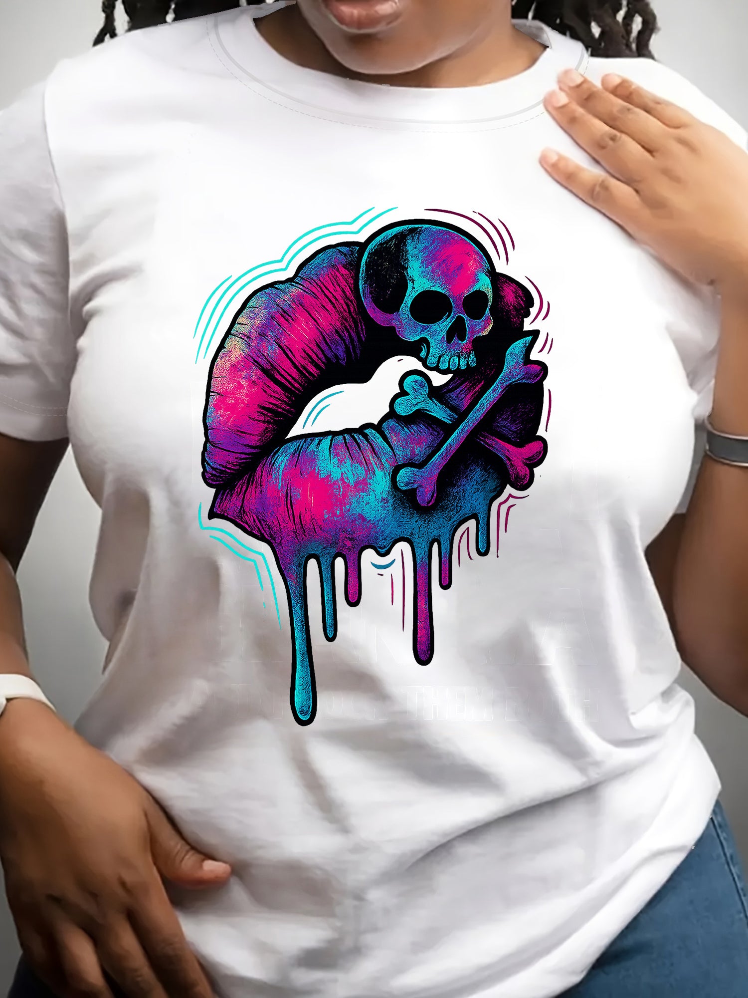 Neon Drip Lips Skull Crossbone Graphic T-Shirt, Women's Retro Colorful Skeleton Lip Art Short Sleeve Tee