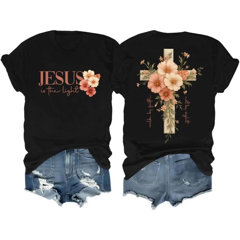 Lady's Casual Round Neck Short-Sleeve Christian Top, Faith Cross Graphic Tee with Beautiful Floral Cross Print