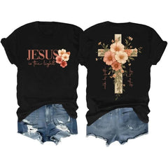 Lady's Casual Round Neck Short-Sleeve Christian Top, Faith Cross Graphic Tee with Beautiful Floral Cross Print