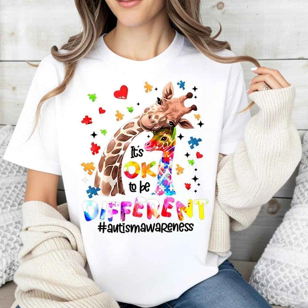 Giraffe Puzzle Piece Heart Graphic Tee | Autism Awareness T-Shirt | Proud To Be Different Casual Top for Women