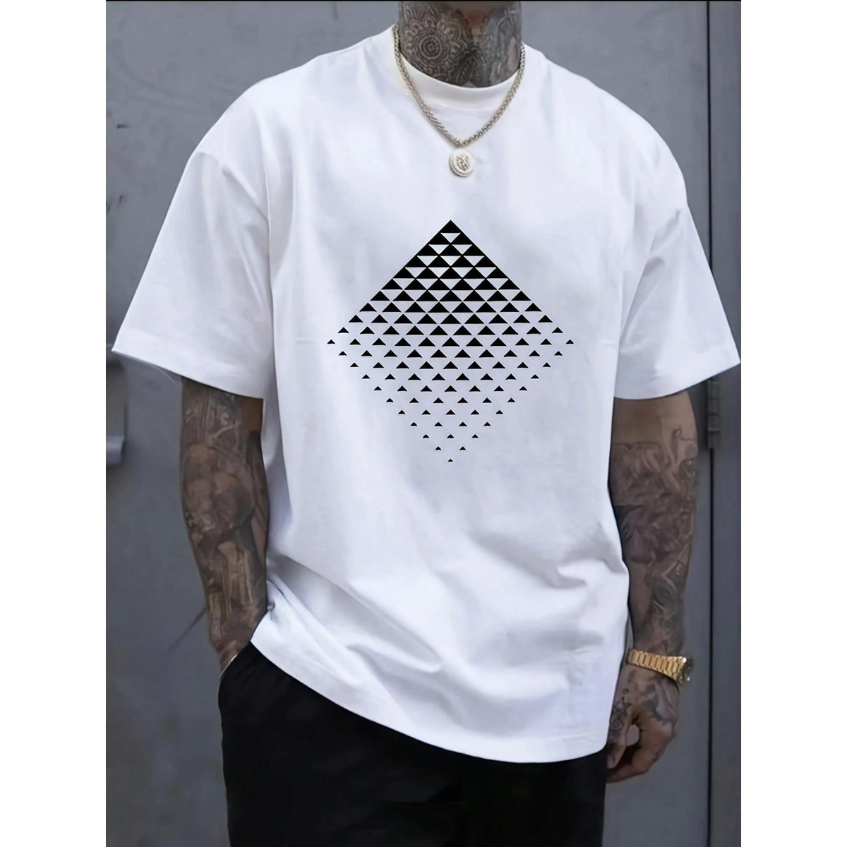 Men's Modern Geometric Triangle Pattern T-Shirt - White & Black Contrast Casual Crewneck Tee - Breathable Everyday Summer Shirt For Office Outings - Machine Washable Adult Men's Top