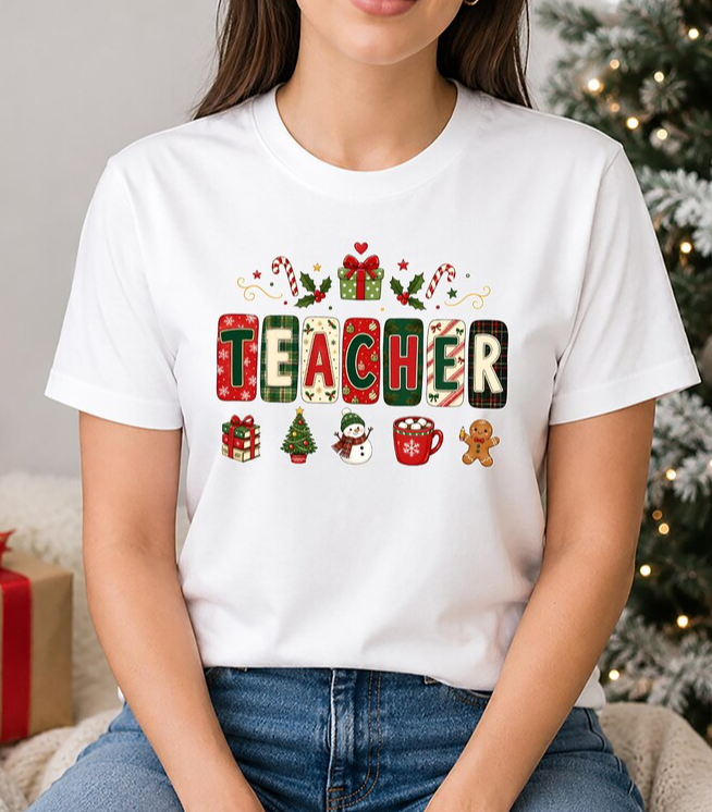 Women’s Cute Christmas Teacher Graphic T‑Shirt, Festive Classroom Holiday Crew Neck Short‑Sleeve Casual Tee with School Character Print