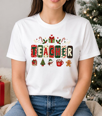 Women’s Cute Christmas Teacher Graphic T‑Shirt, Festive Classroom Holiday Crew Neck Short‑Sleeve Casual Tee with School Character Print