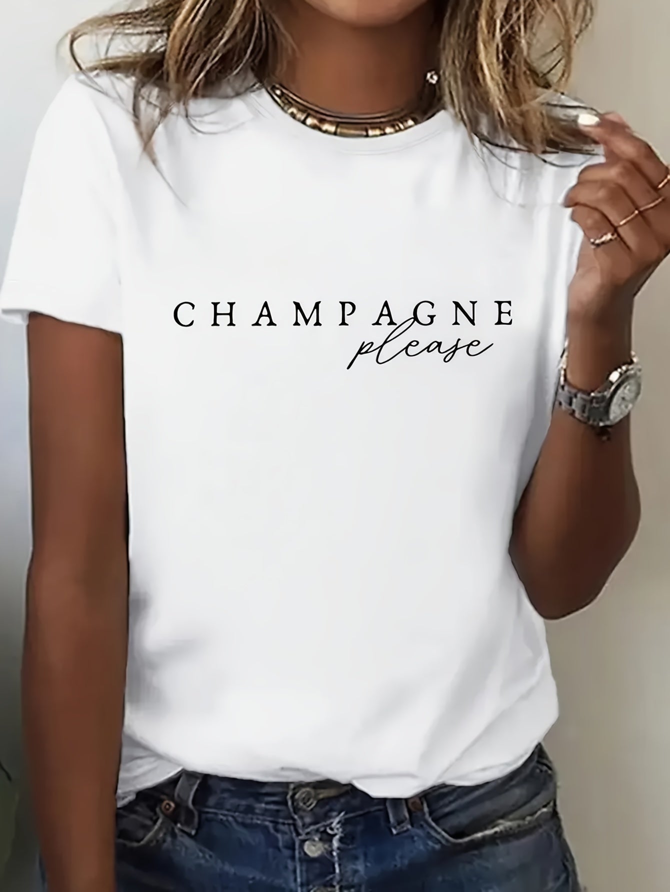 The Short - Sleeved T - Shirt, Printed with "CHAMPAGNE Please", Exudes French Elegance and Bourgeois Sentiment. Paired with Jeans and Small Shoes, It Can Create a French - Style Elegant Atmosphere.