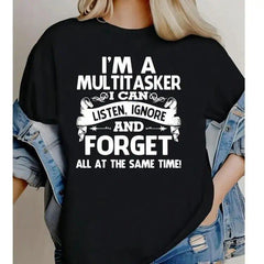 Black Men’s Tee with Bold White Retro 'I'M A MULTITASKER' Design, Comfy Fabric Womenswear, Unisex Fashion, Soft Fabric, ShortSleeve, Regular Fit
