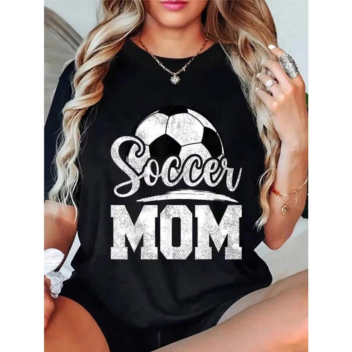 Women's Soccer Mom T-Shirt - Black Tee With Soccer Ball Graphic & Script Lettering - Casual S Mom Outfit For Game Day, Mother's Day Gifts - Machine Washable Soft Fabric, Soccer Clothes