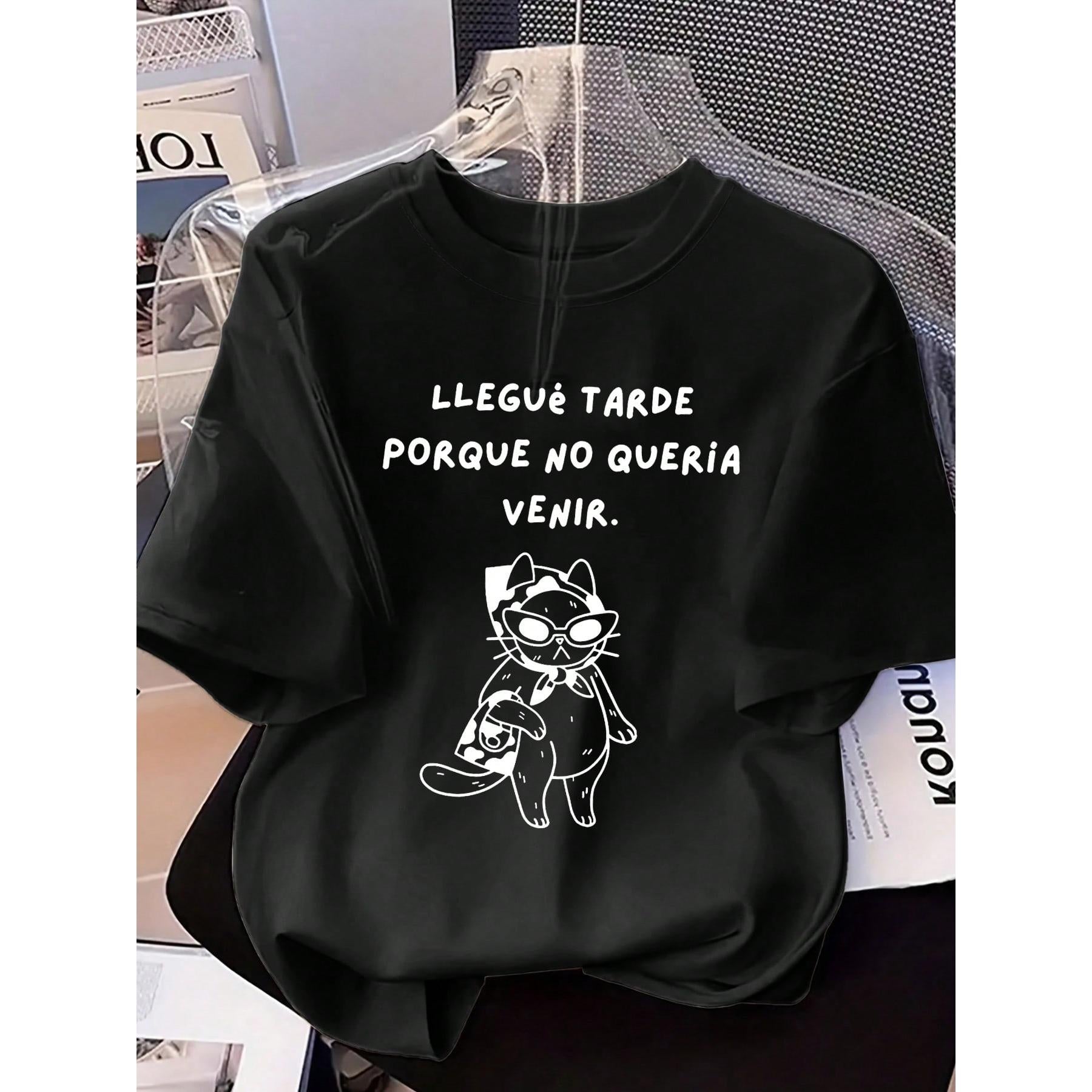 2026 Spring New Spanish Stylish Cat Print Casual Crew Neck Short Sleeve T-Shirt White