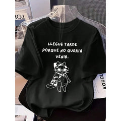 2026 Spring New Spanish Stylish Cat Print Casual Crew Neck Short Sleeve T-Shirt White