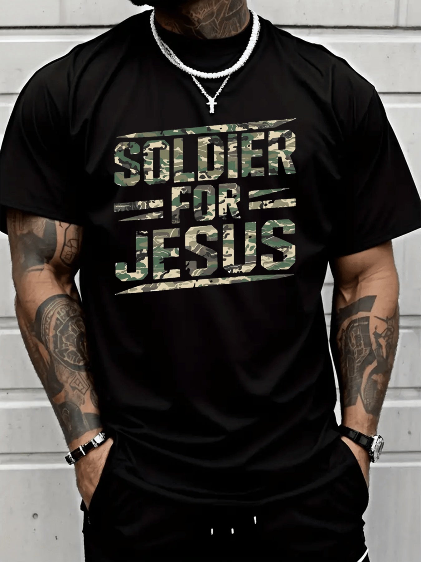 Soldier For Jesus Camo Graphic T-Shirt, Men's Christian Faith Camouflage Letter Print Short Sleeve Tee