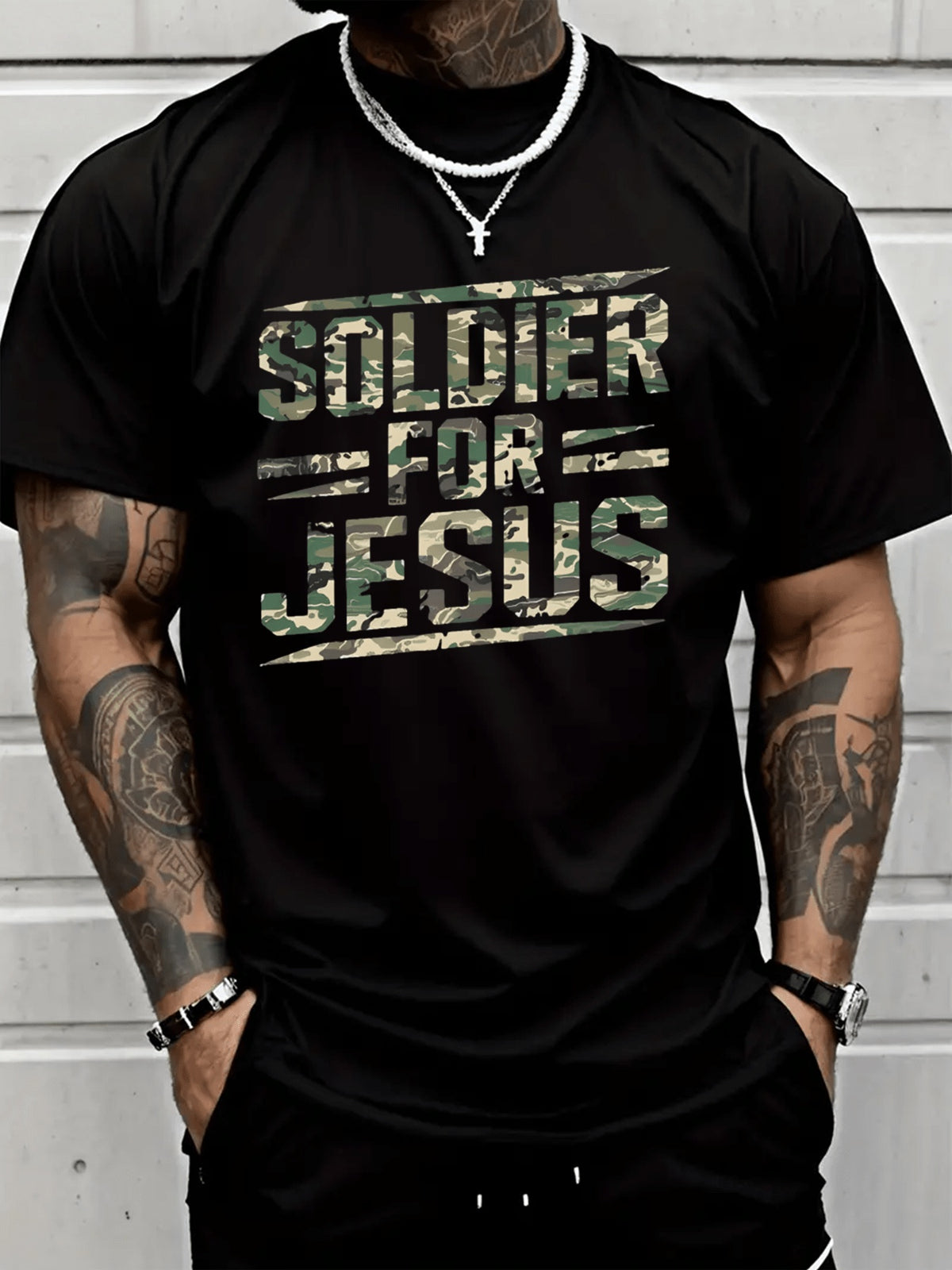 Soldier For Jesus Camo Graphic T-Shirt, Men's Christian Faith Camouflage Letter Print Short Sleeve Tee