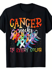 Cancer Awareness Multicolor Ribbon Graphic T‑Shirt, Inspirational Support Short Sleeve Tee for Men Women