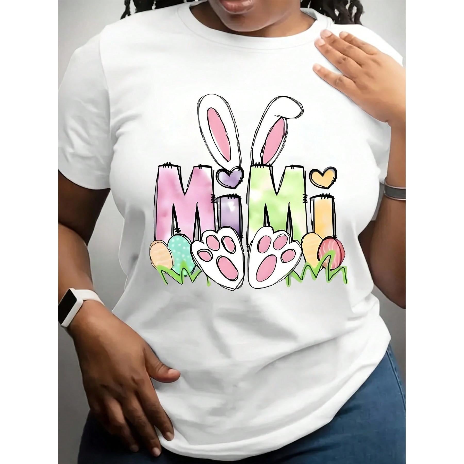 Black T Shirt With Mimi Bunny Ears And Paw Prints Easter Design For Women Casual Wear