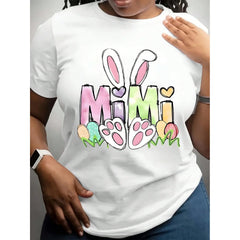 Black T Shirt With Mimi Bunny Ears And Paw Prints Easter Design For Women Casual Wear
