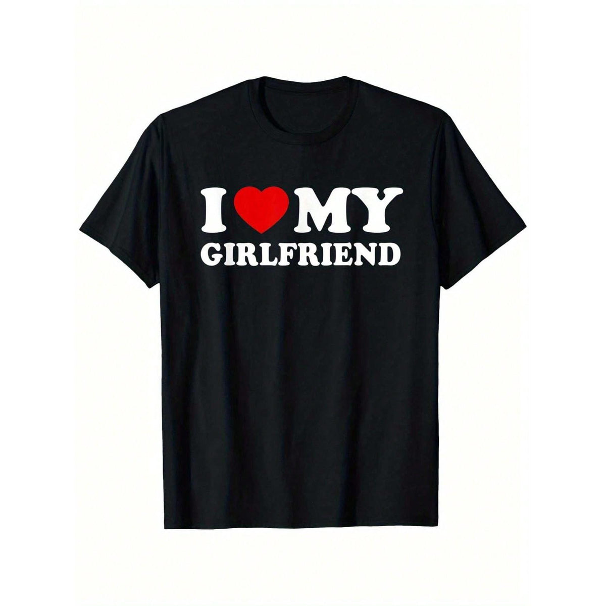 "I Love My Boyfriend" Men's T-Shirt - Valentine's Day Gift, 100% Cotton, Casual Crew Neck Short Sleeve T-Shirt, Black Background With White Text And Red Heart Design, Sizes S-5XL, Valentine's Day T-Shirt
