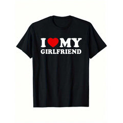 "I Love My Boyfriend" Men's T-Shirt - Valentine's Day Gift, 100% Cotton, Casual Crew Neck Short Sleeve T-Shirt, Black Background With White Text And Red Heart Design, Sizes S-5XL, Valentine's Day T-Shirt