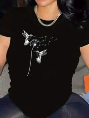 A Cute Hummingbird Print T-Shirt For Summer, A Casual Short-Sleeved Top For Spring And Summer Sports