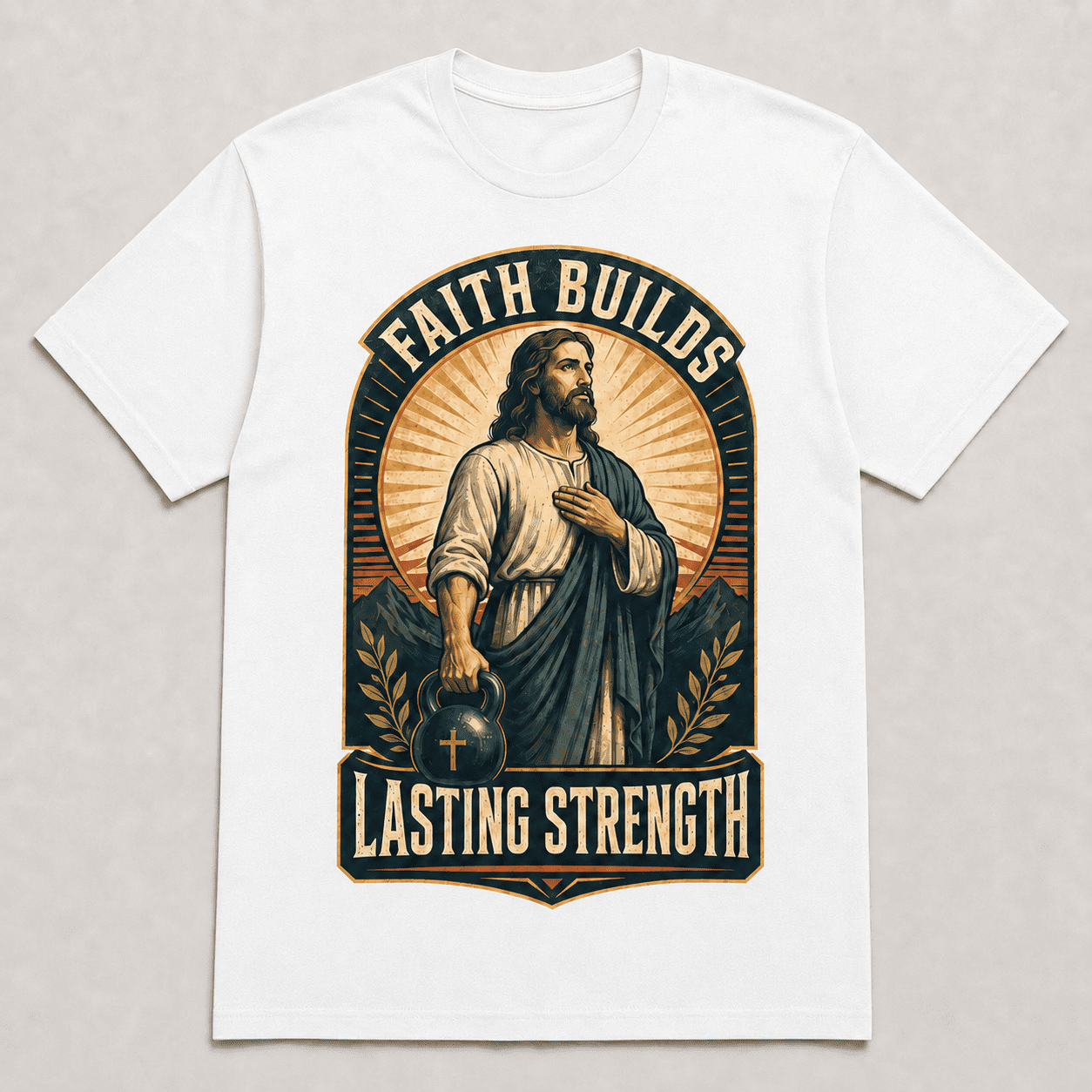 Adult Faith Builds Lasting Strength Jesus Graphic T-Shirt, Christian Gym Fitness Kettlebell Short Sleeve Crew Neck White Tee