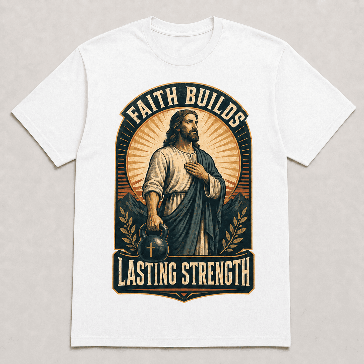 Adult Faith Builds Lasting Strength Jesus Graphic T-Shirt, Christian Gym Fitness Kettlebell Short Sleeve Crew Neck White Tee