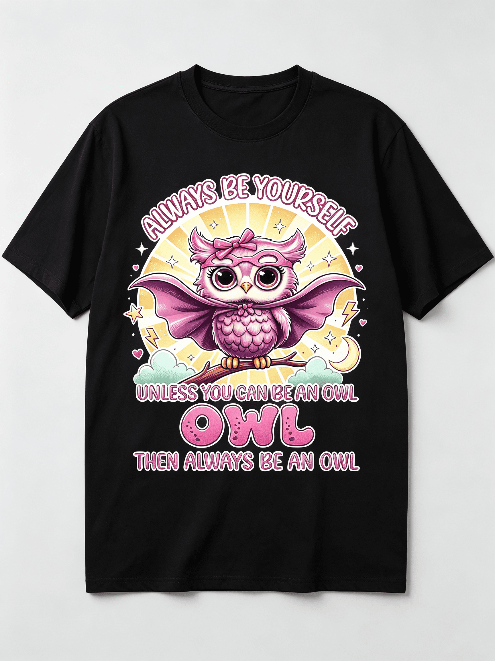 Always Be Yourself Unless You Can Be An Owl Cute Pink Superhero Owl Bow Cape Moon Star Graphic Unisex T-Shirt