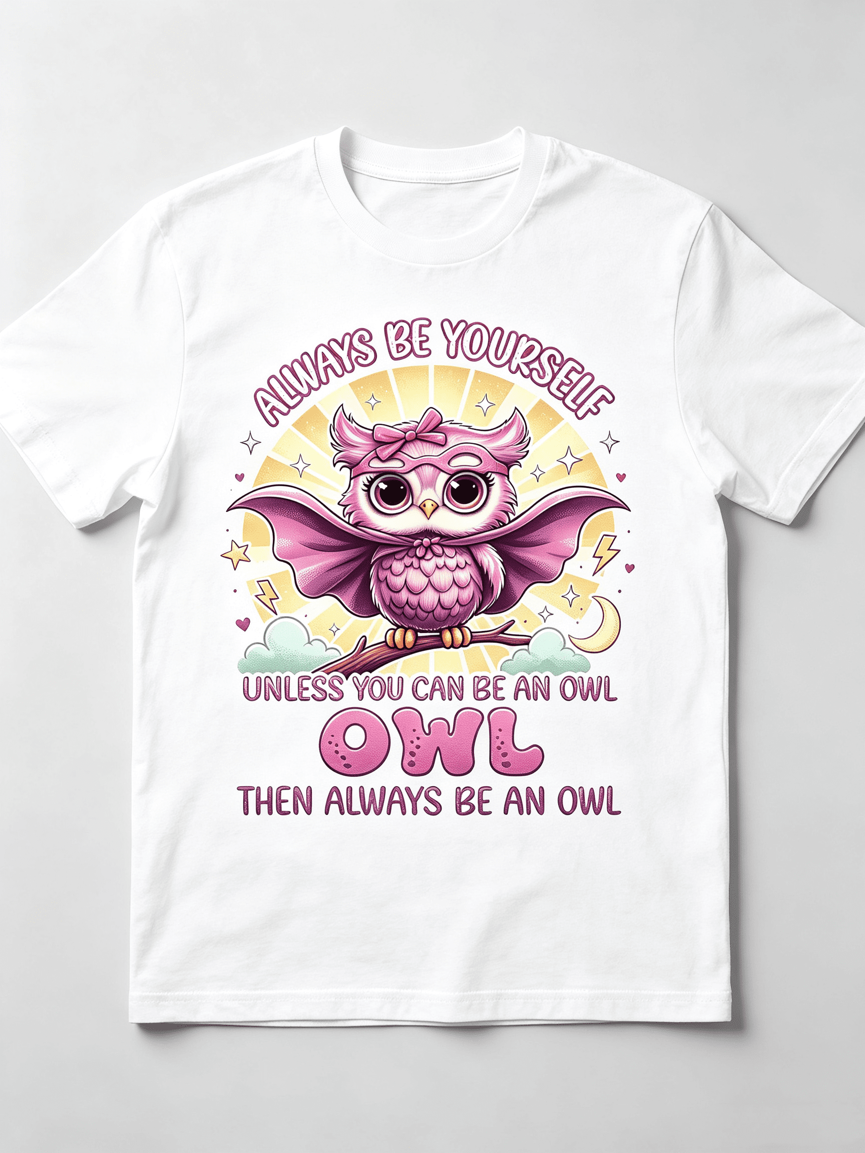 Always Be Yourself Unless You Can Be An Owl Cute Pink Superhero Owl Bow Cape Moon Star Graphic Unisex T-Shirt