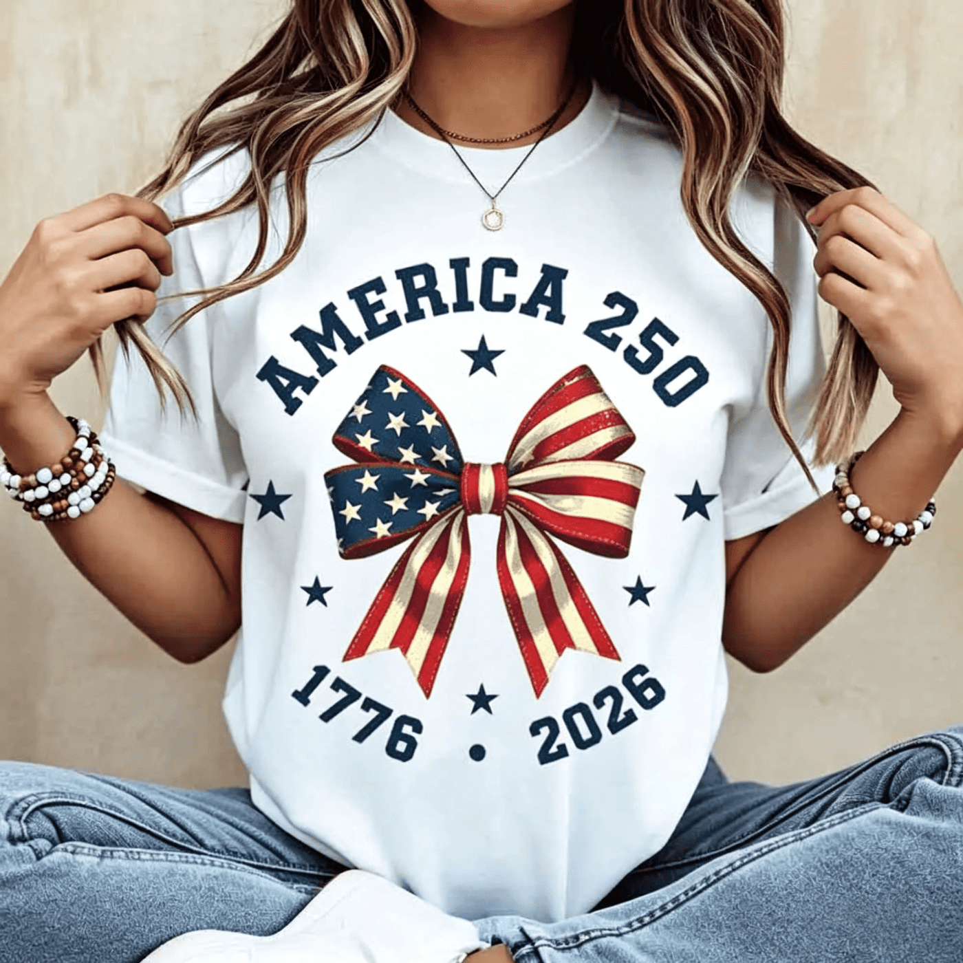 America 250 Stars And Stripes Bow Print T Shirt White Crew Neck Casual Top For Independence Day Celebration