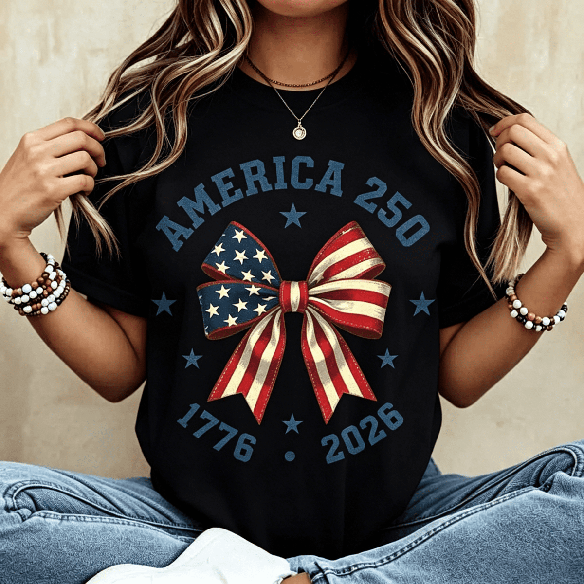 America 250 Stars And Stripes Bow Print T Shirt White Crew Neck Casual Top For Independence Day Celebration