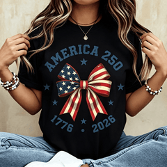 America 250 Stars And Stripes Bow Print T Shirt White Crew Neck Casual Top For Independence Day Celebration