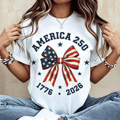 America 250 Stars And Stripes Bow Print T Shirt White Crew Neck Casual Top For Independence Day Celebration