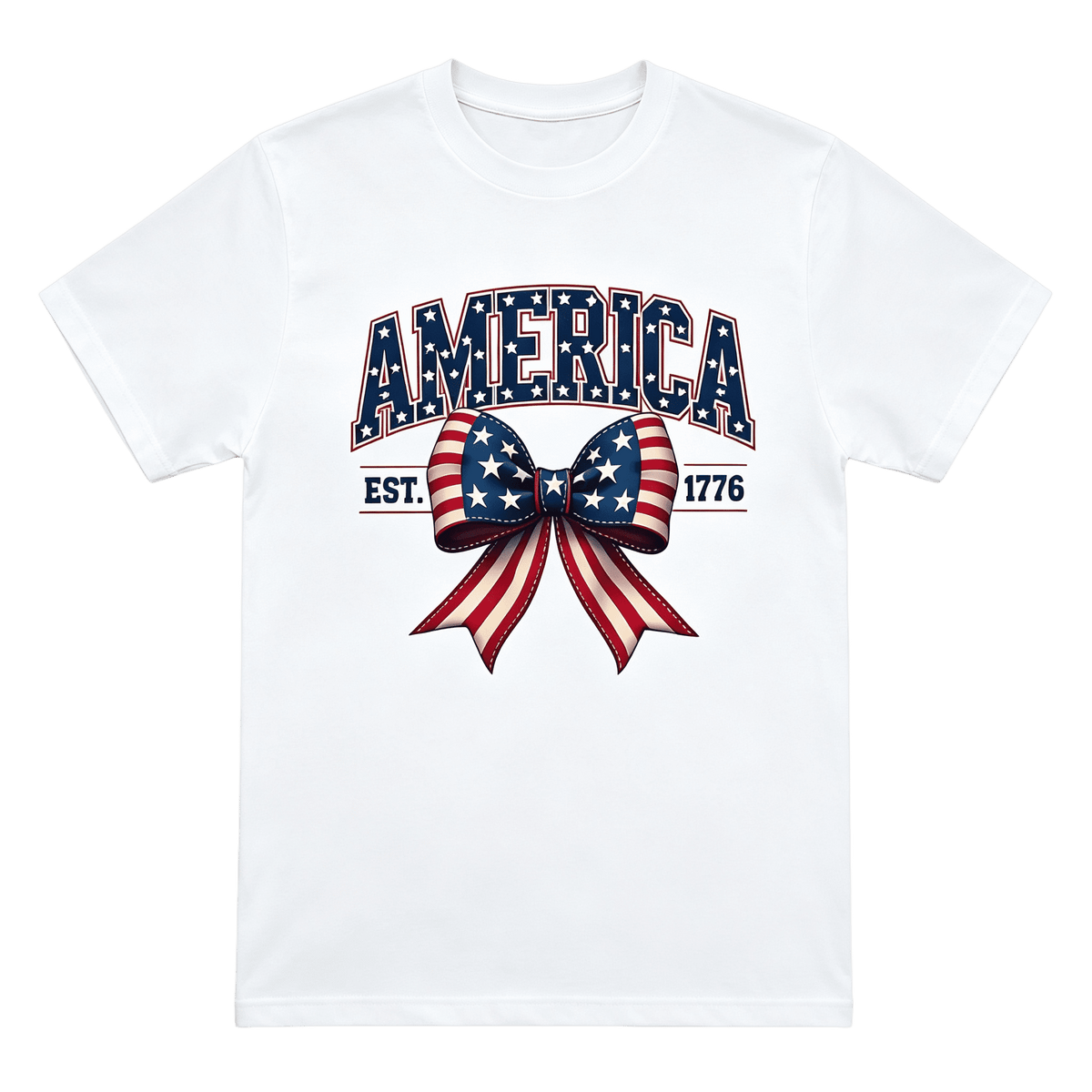 America Est.1776 American Flag Bow 4th Of July Patriotic Women Graphic T-Shirt