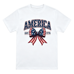 America Est.1776 American Flag Bow 4th Of July Patriotic Women Graphic T-Shirt