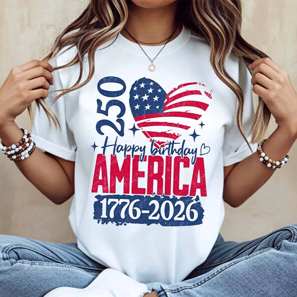 American Flag Heart 250 Happy Birthday America 1776 2026 Print T Shirt
