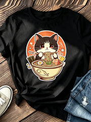 Anime Kitty Noodle Bowl Japanese Food Lover Casual Short Sleeve Top