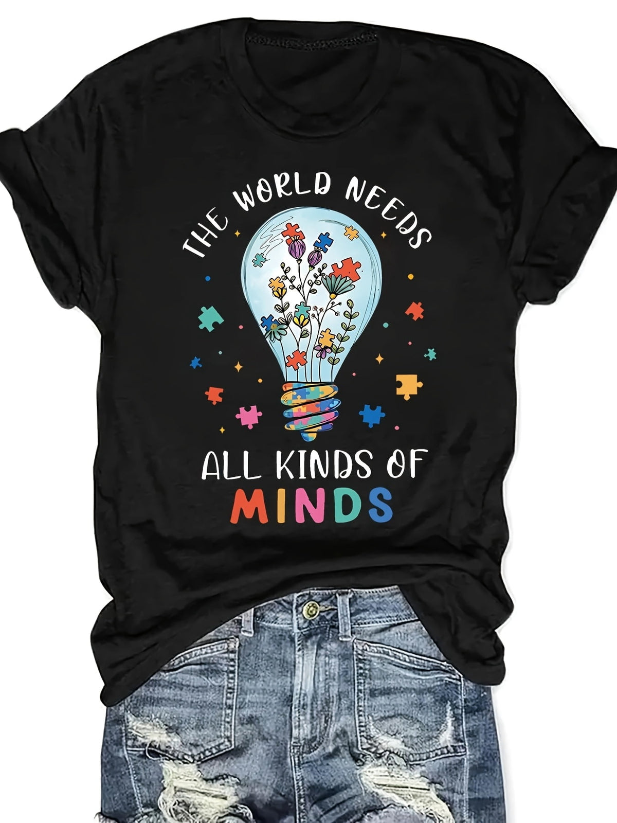 Autism Awareness Graphic Tee - "The World Needs All Kinds of Minds" Casual Short Sleeve Round Neck Women's T-Shirt