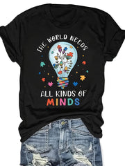Autism Awareness Graphic Tee - "The World Needs All Kinds of Minds" Casual Short Sleeve Round Neck Women's T-Shirt