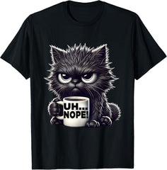 Grumpy Animal Uh Nope Cat Coffee Graphic Tee Funny Unisex T-Shirt