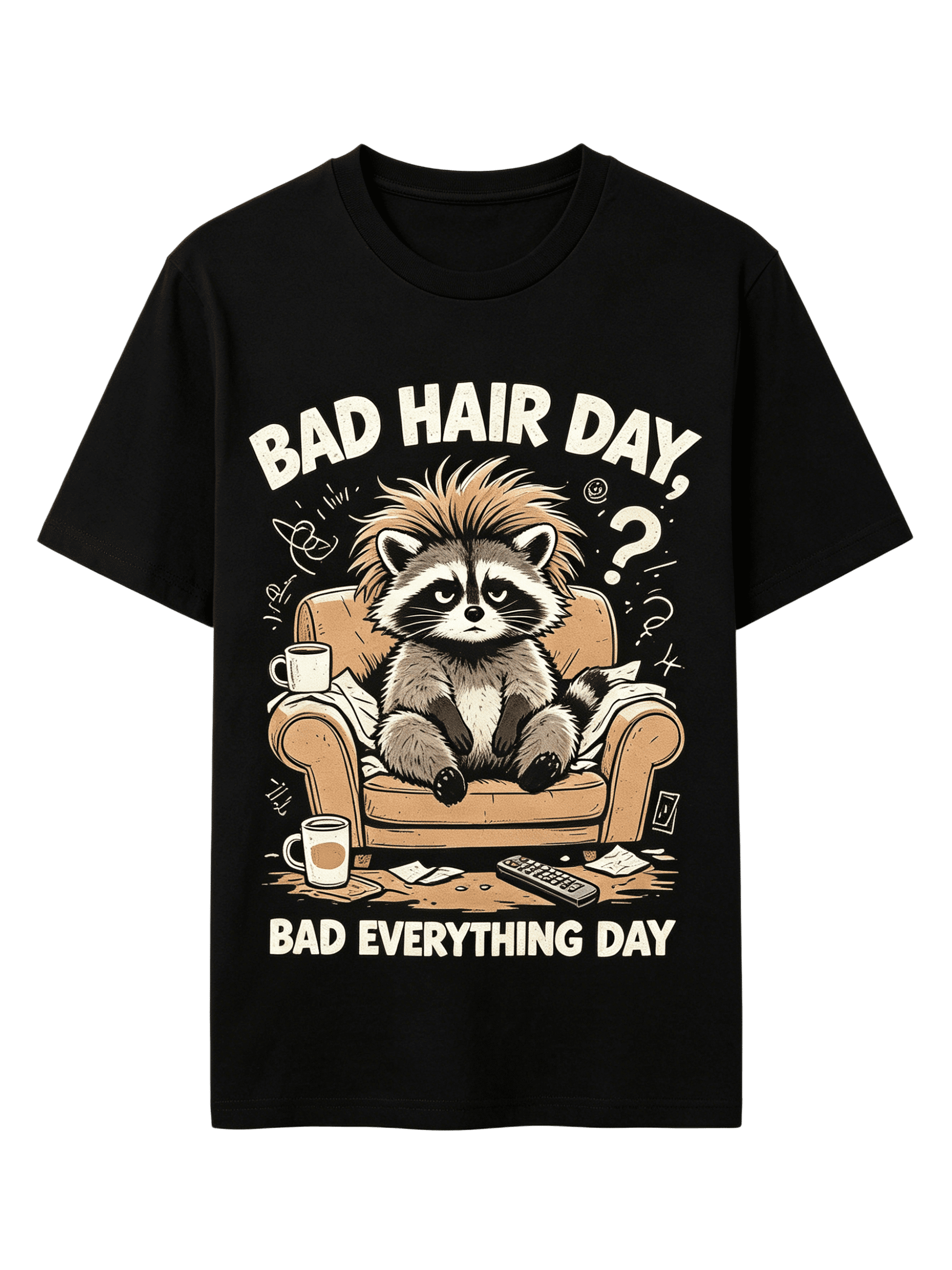 Bad Hair Day Bad Everything Day Grumpy Cartoon Raccoon On Couch Graphic T-Shirt Funny Moody Lazy Animal Humor Casual Short Sleeve Tee