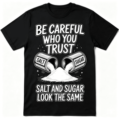 “Be Careful Who You Trust – Salt and Sugar Look The Same” Graphic T-Shirt – Unisex Life Lesson Tee, Inspirational Streetwear Top