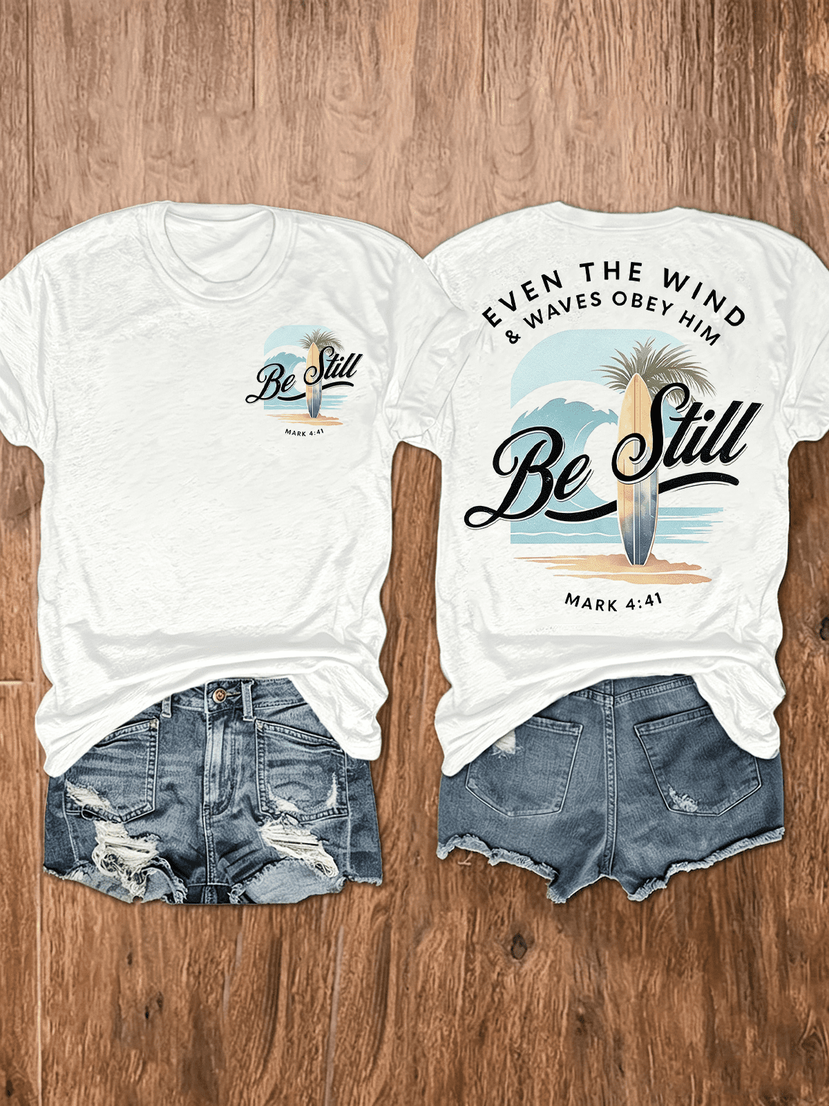 Be Still Mark 441 Palm Tree Surfboard Beach Christian T-Shirt, Even The Wind & Waves Obey Him Bible Verse Religious Casual Back Print Tee