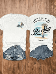 Be Still Mark 441 Palm Tree Surfboard Beach Christian T-Shirt, Even The Wind & Waves Obey Him Bible Verse Religious Casual Back Print Tee
