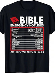 Bible Emergency Hotlines Funny Christian Jesus Men's T-Shirt, Black with White & Red 24-Hour Support Text, Casual Crew Neck Comfort Fit Tee, Playful Bible Graphic Apparel for Summer Daily Casual Occa