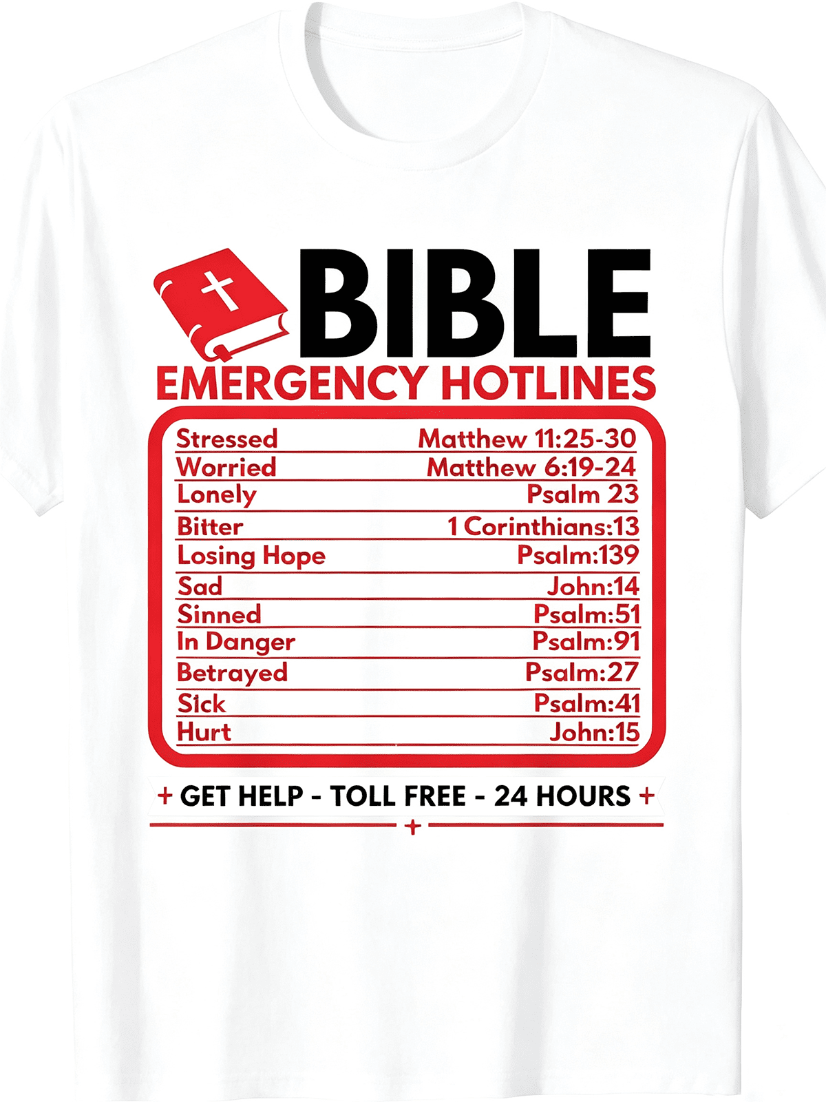 Bible Emergency Hotlines Scripture Verses Graphic T-Shirt Faith Religious Inspirational Short Sleeve Tee
