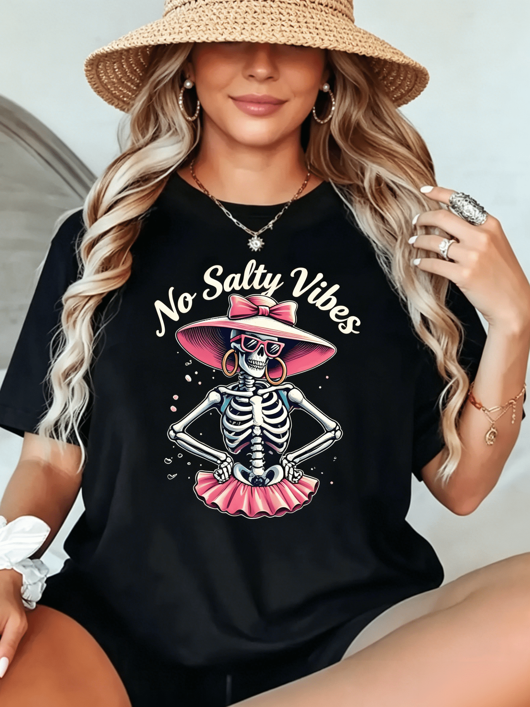 Black T-Shirt for Women Featuring a 'No Salty Vibes' Skeleton Design, Edgy Pink Hat Skull Graphic