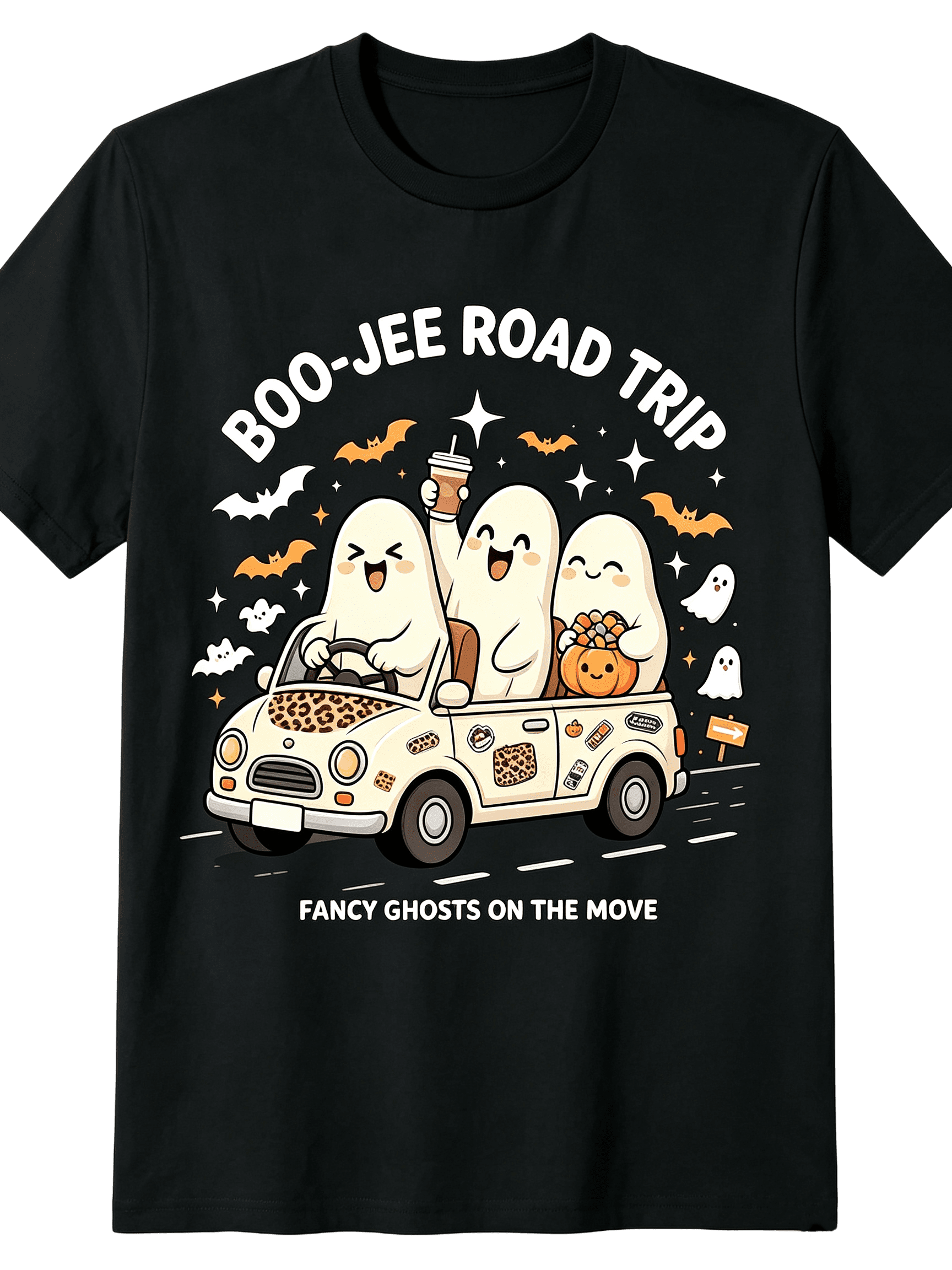 Boo-Jee Road Trip Fancy Ghosts On The Move Cute Ghost Leopard Print Car Coffee Pumpkin Bat Halloween Graphic Women T-Shirt